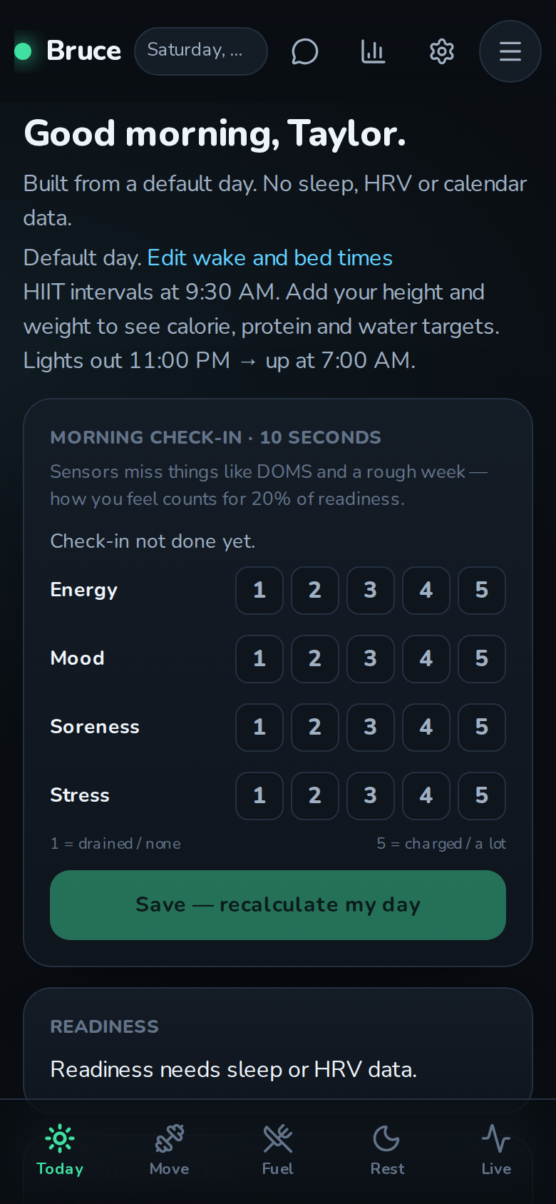 Bruce's home screen on a brand-new test account, before any data is added