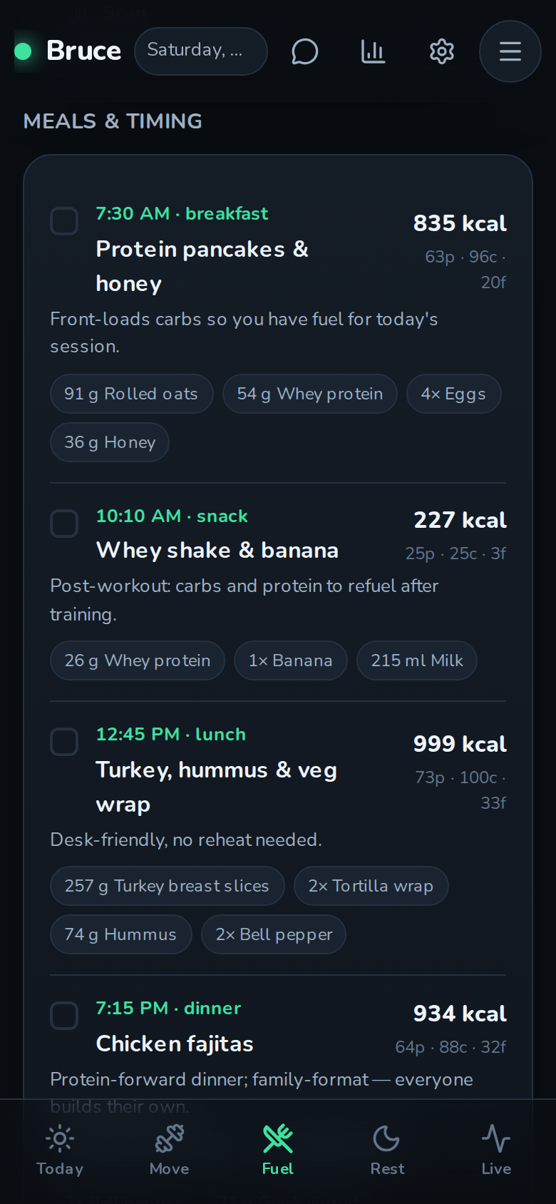 Bruce's meal plan for the day