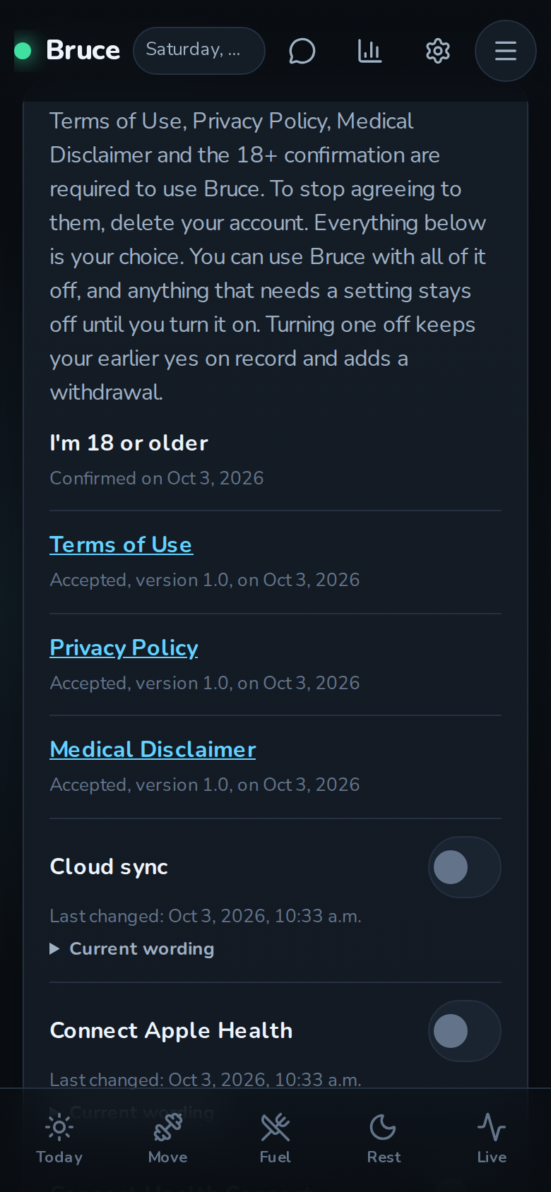 Bruce's data-consent screen, with a separate switch for each type of data