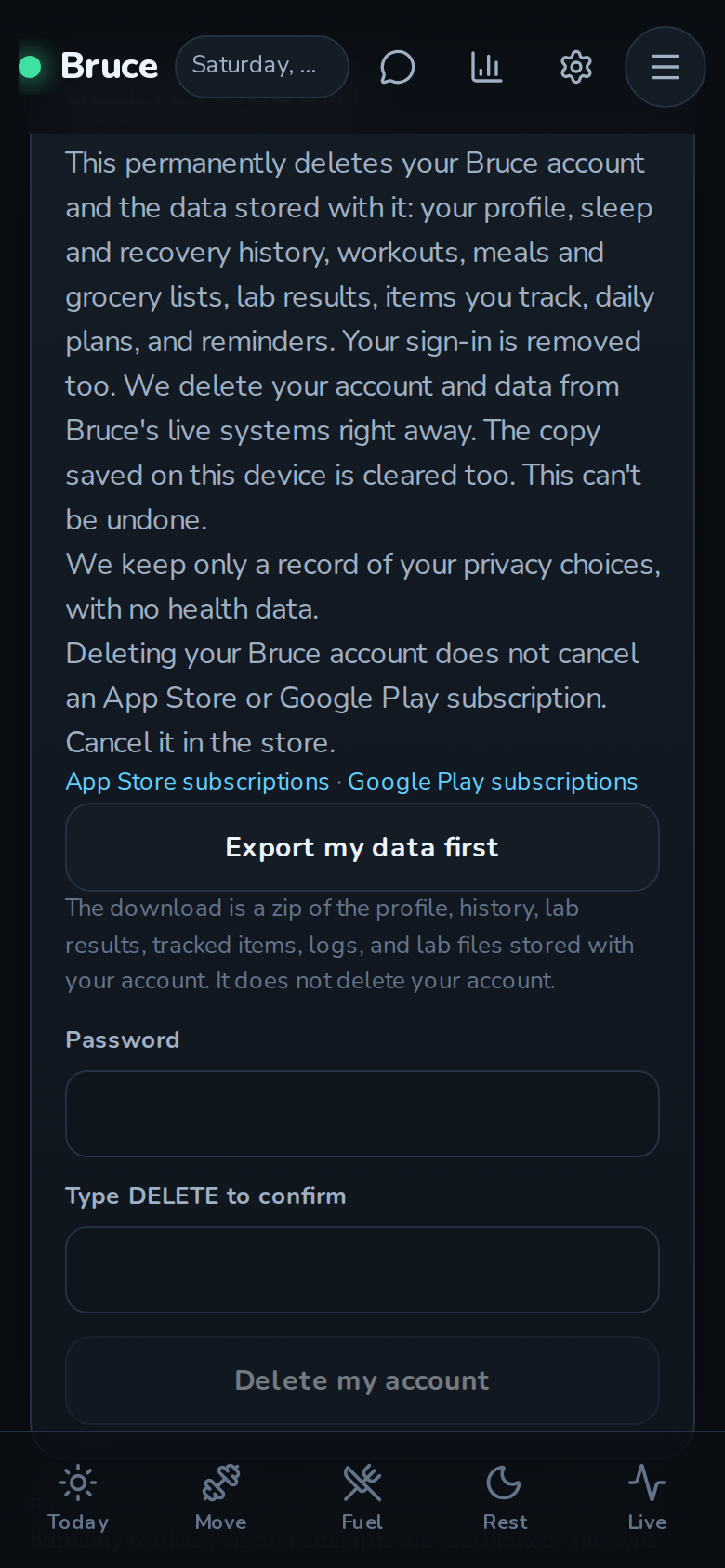 Delete account screen with an export option, a password field and a typed DELETE confirmation
